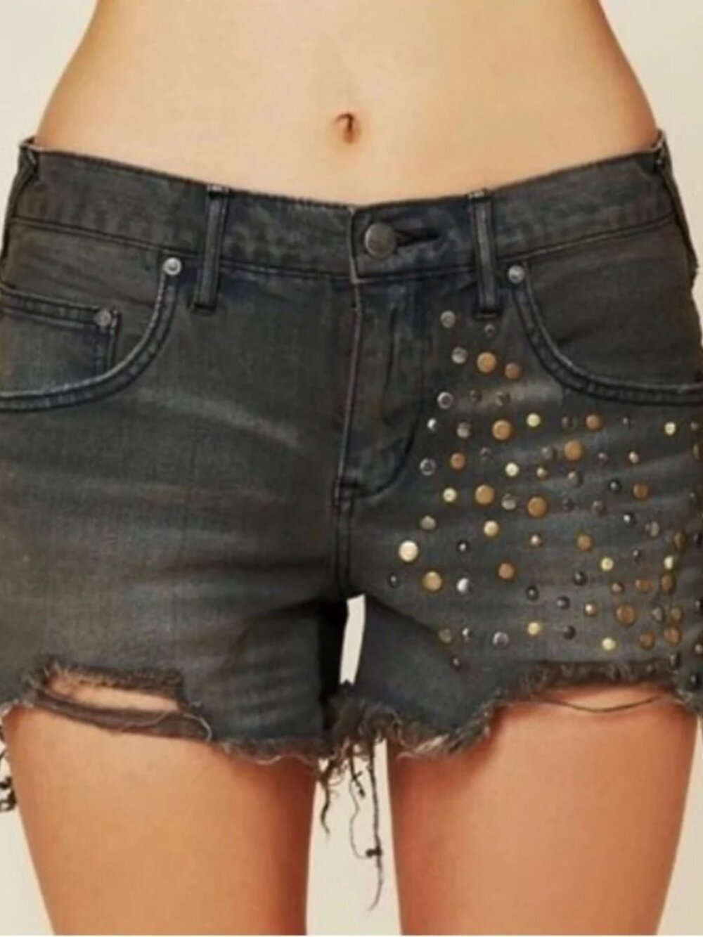 Free People Distressed Studded Golden Hippie Dark Denim Shorts Size 26 Small